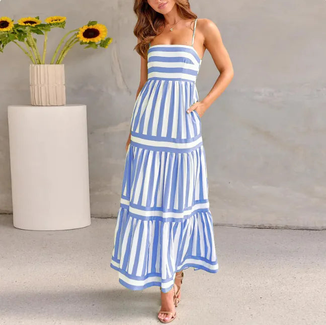 Striped Backless Maxi Dress w/ Pockets