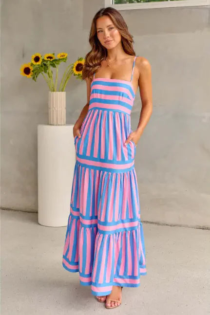 Striped Backless Maxi Dress w/ Pockets