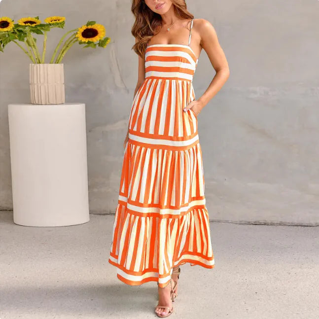 Striped Backless Maxi Dress w/ Pockets