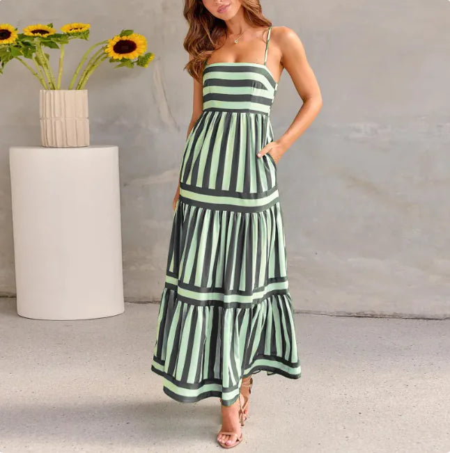 Striped Backless Maxi Dress w/ Pockets